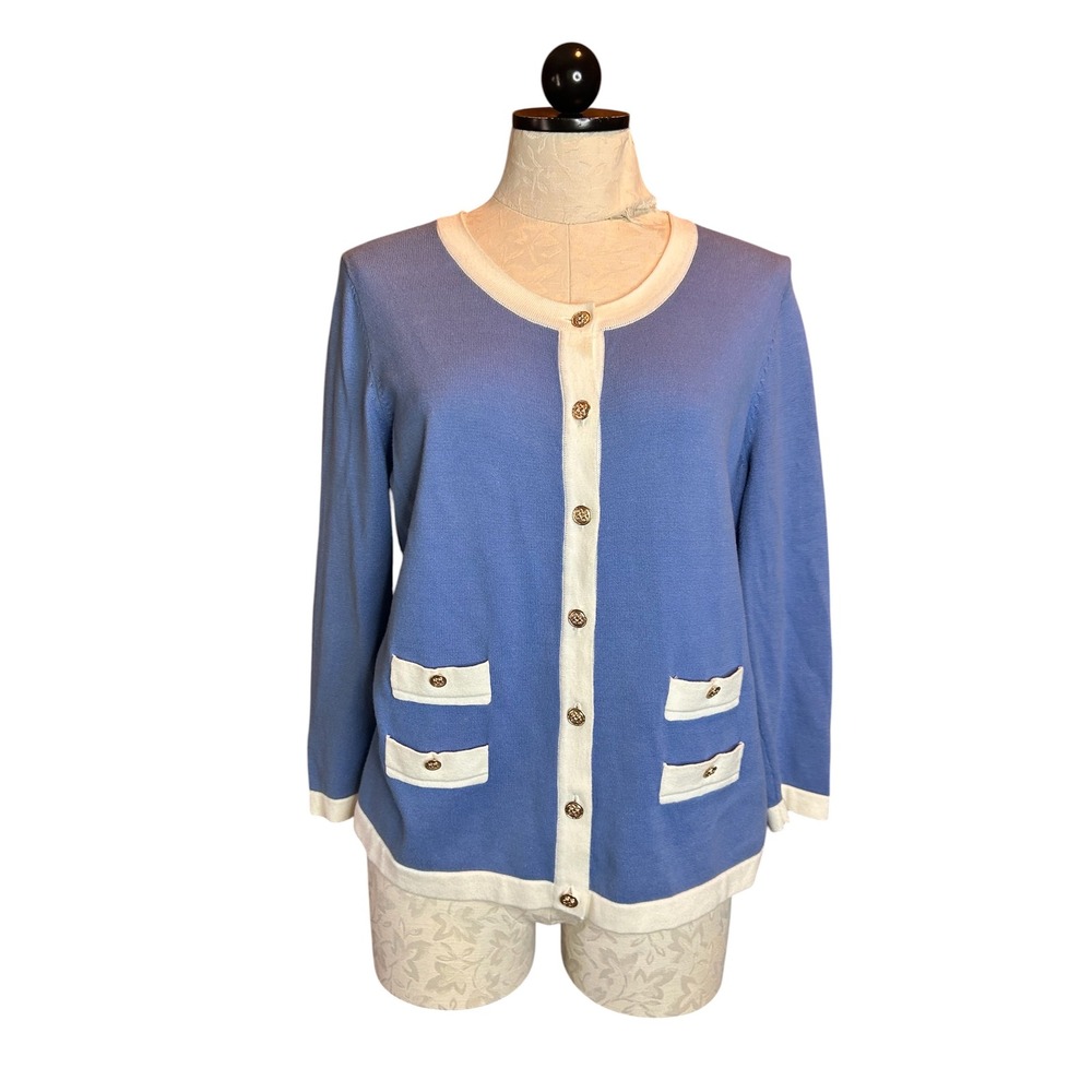 Tyler Boe Blue White Contrast Trim Button Front Cardigan Crest Buttons Sz M